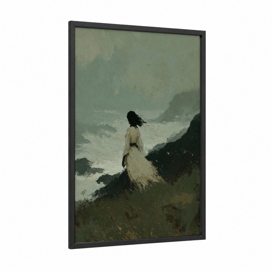 Solitary Ghost framed art print — black wood frame — gray and sage green palette