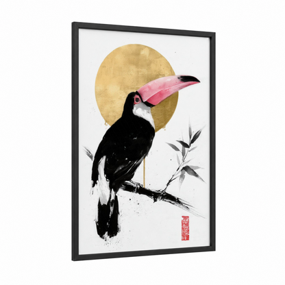 Pink Beak Toucan framed art print — black wood frame — gold and pink palette