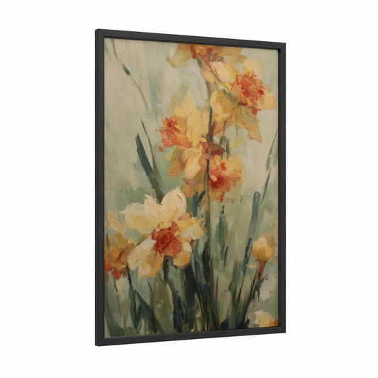 Golden Daffodil Cluster framed daffodils print — black wood frame — gold and sage green palette