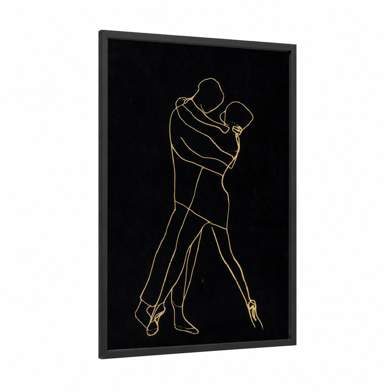Golden Salsa Dancers framed art print — black wood frame — gold and black palette