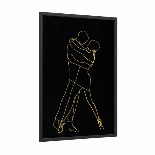 Golden Salsa Dancers framed art print — black wood frame — gold and black palette