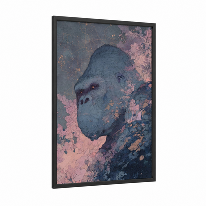 Contemplative Gorilla framed art print — black wood frame — gray and pink palette