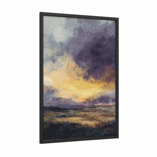 Golden Sunset Drama framed art print — black wood frame — gold and purple palette
