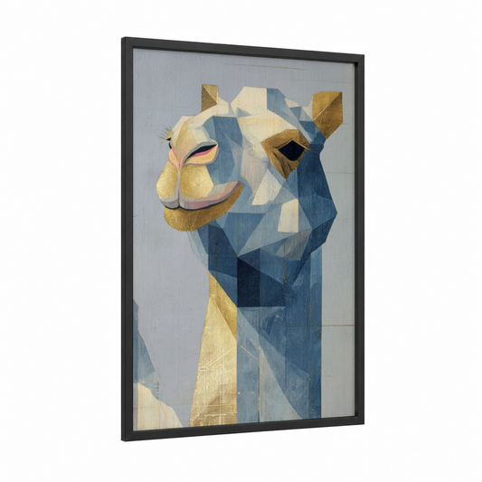 Golden Camel framed art print — black wood frame — gold and blue and gold palette