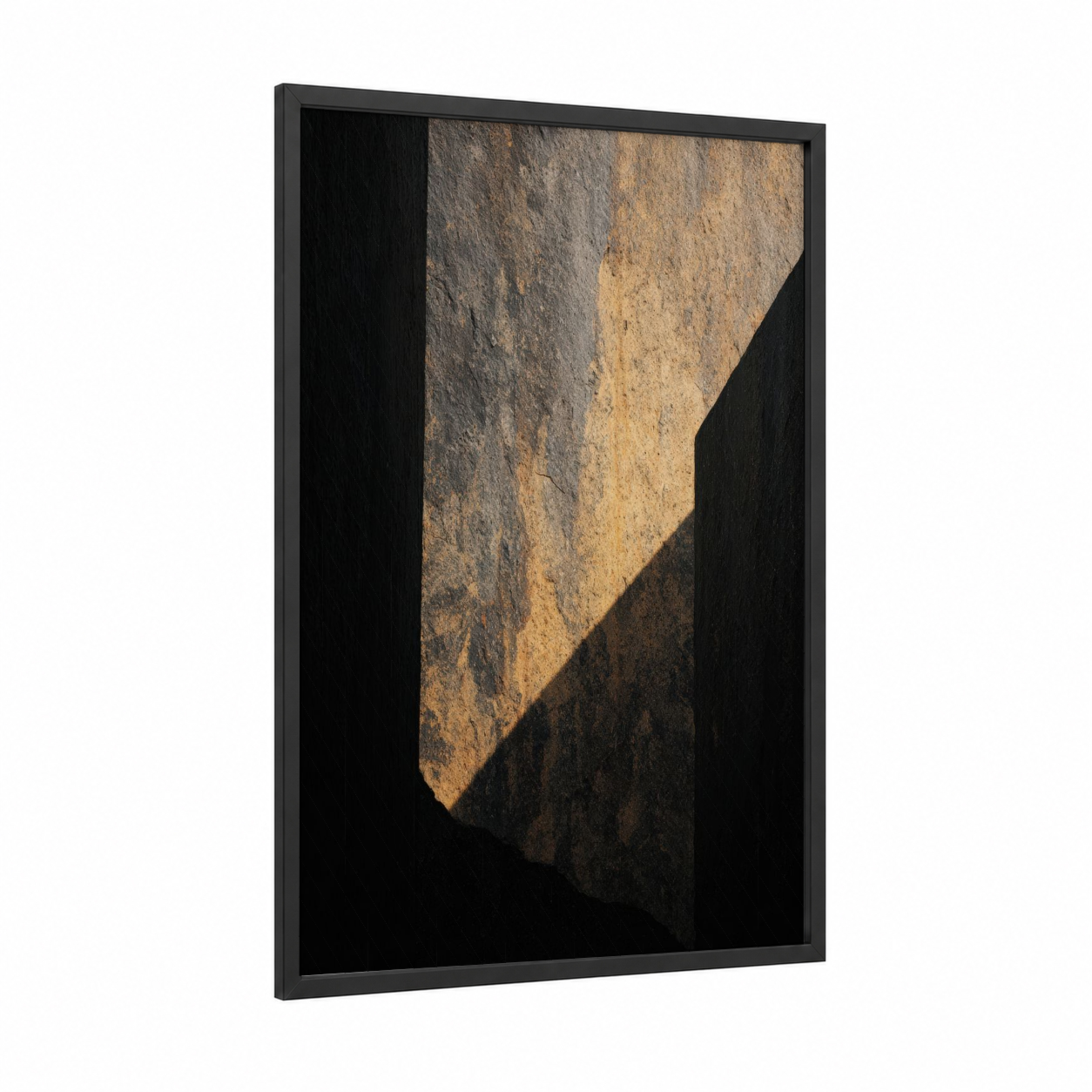 Golden Stone Light framed natural stones print — black wood frame — gold and black and white palette