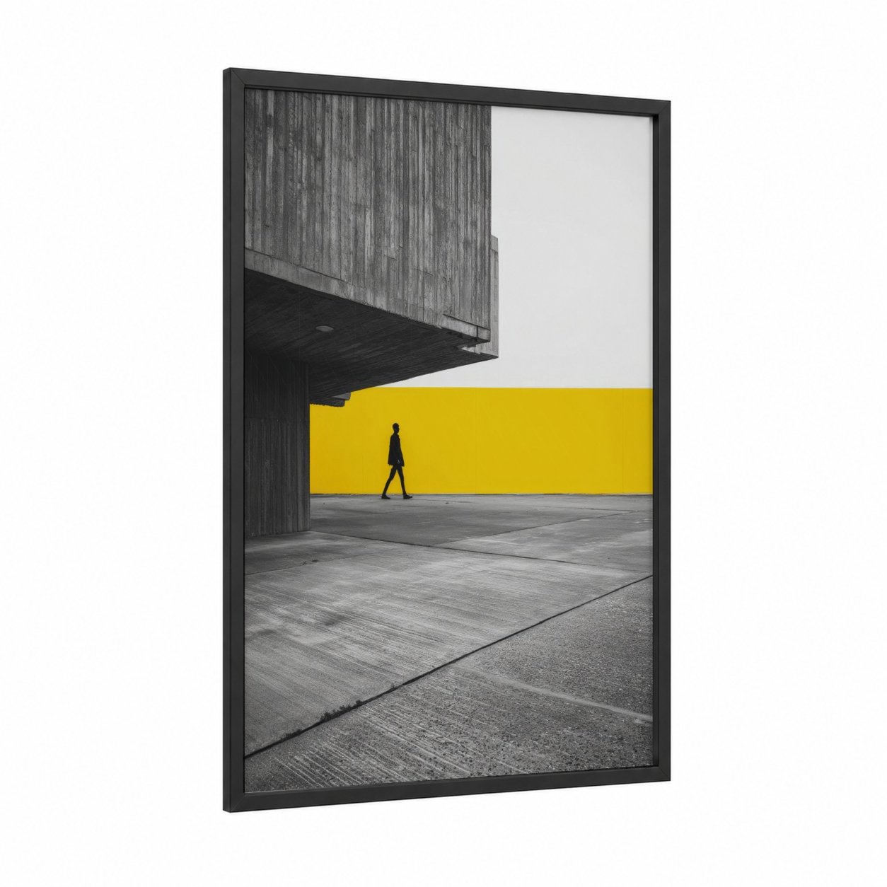 Yellow Wall Passage framed abstract architecture print — black wood frame — yellow and gray and white palette