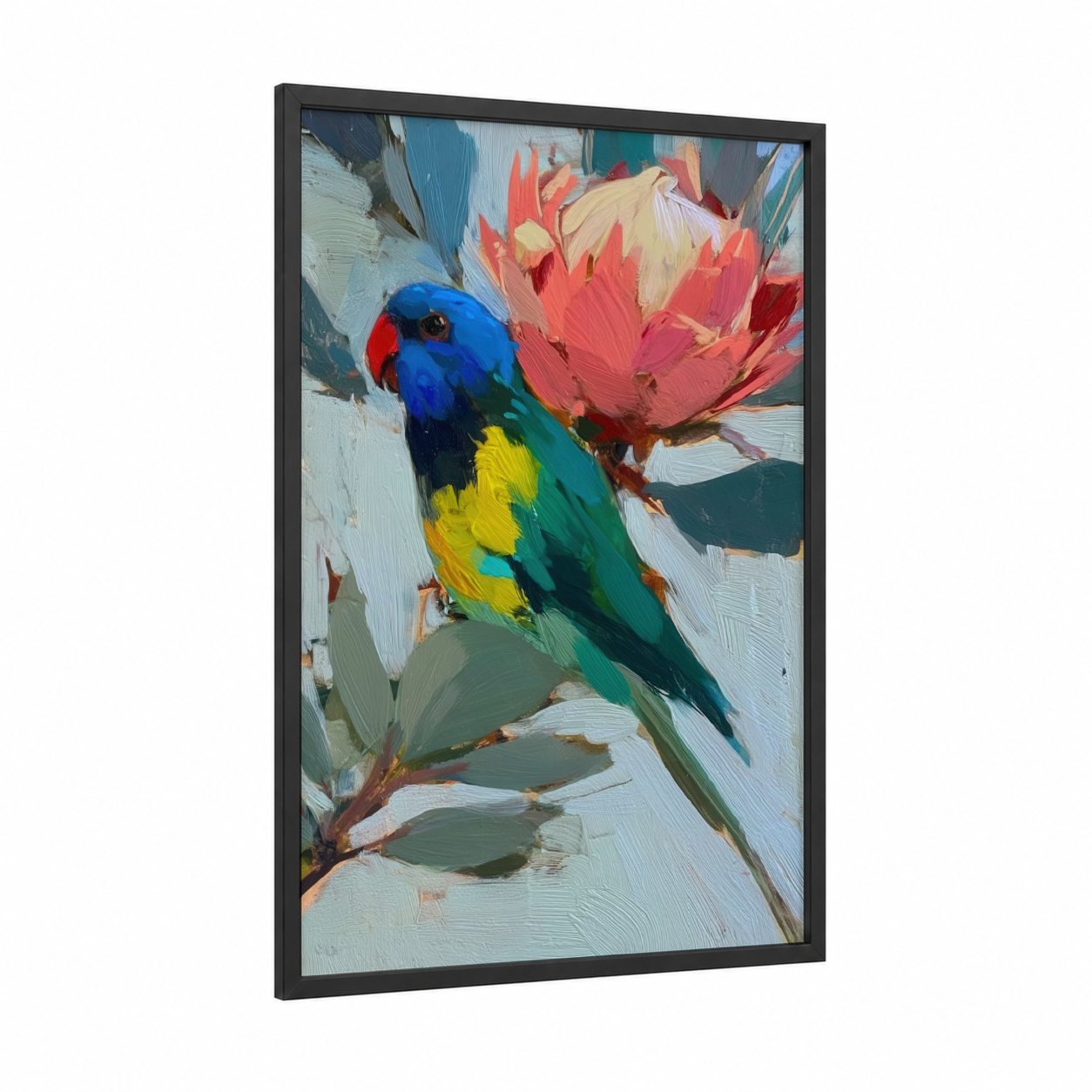 Rainbow Parrot Bloom framed safari parrots print — black wood frame — blue and green palette