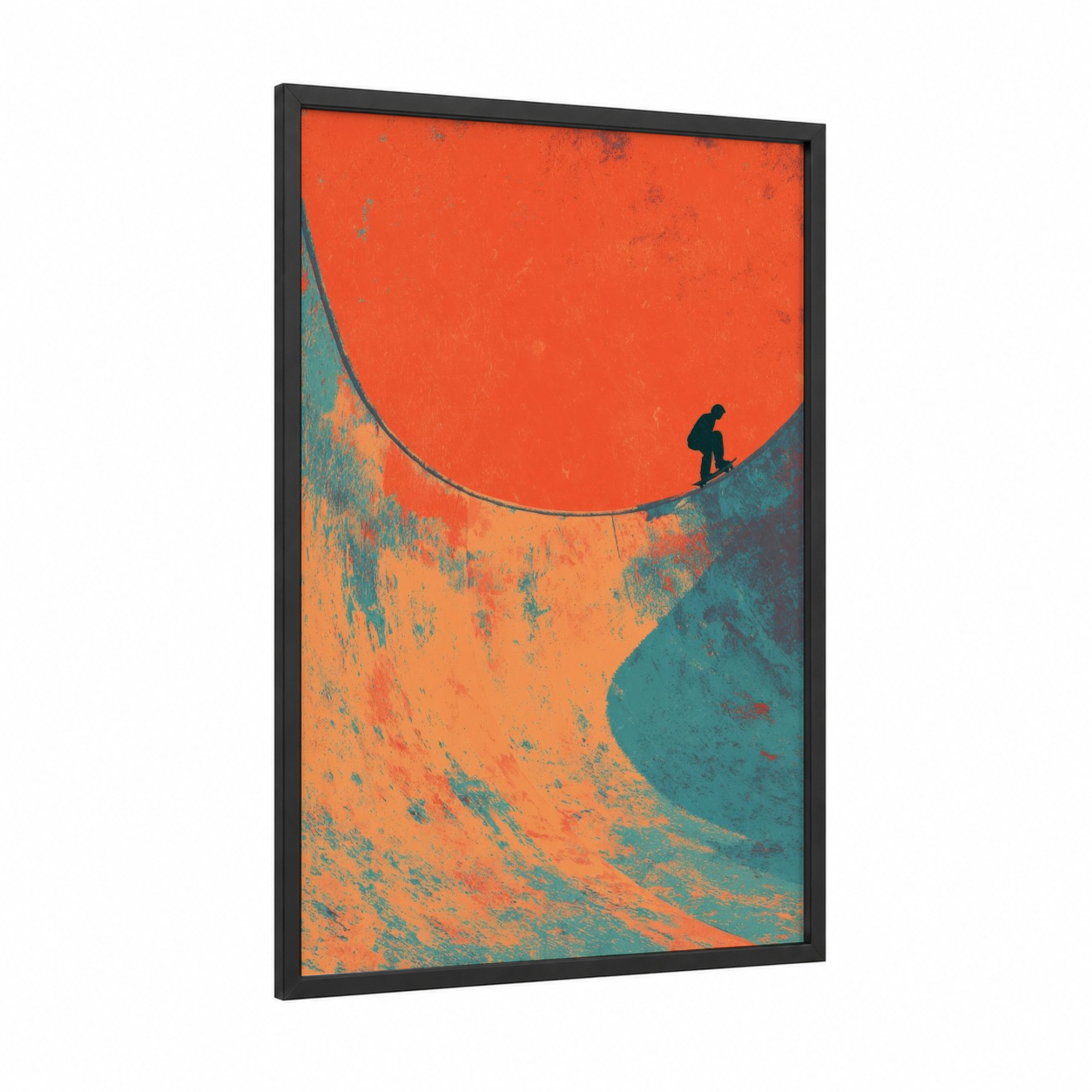 Crimson Skate Dream framed skateboarding print — black wood frame — red and teal palette