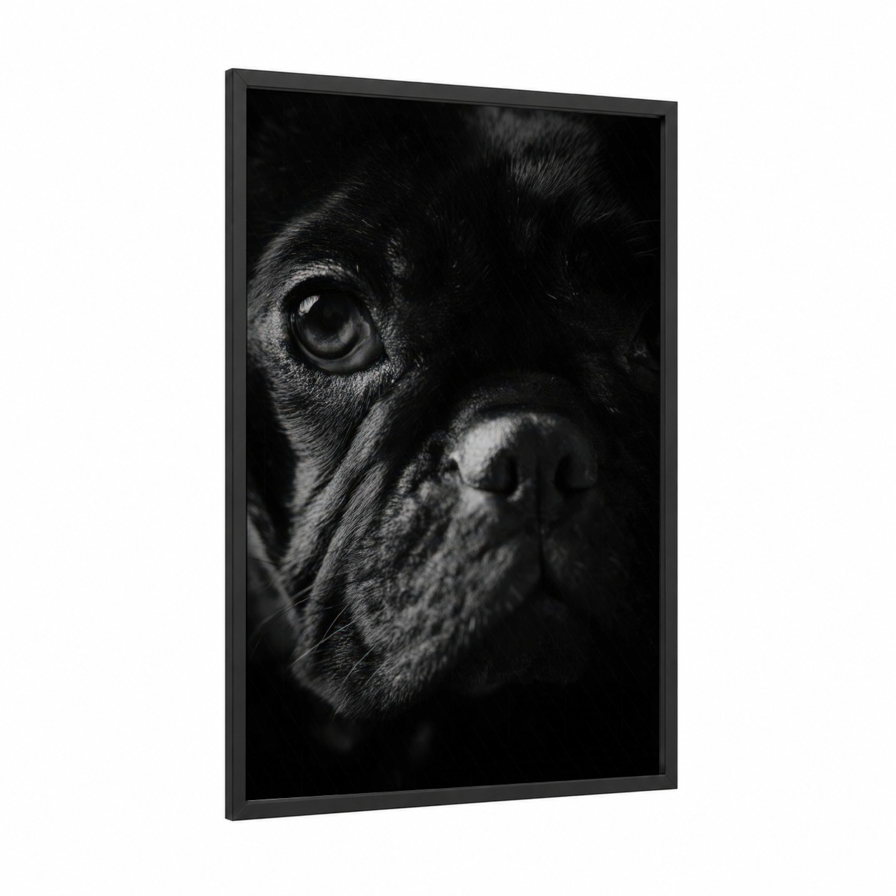 Contemplative Bulldog framed art print — black wood frame — black and white palette
