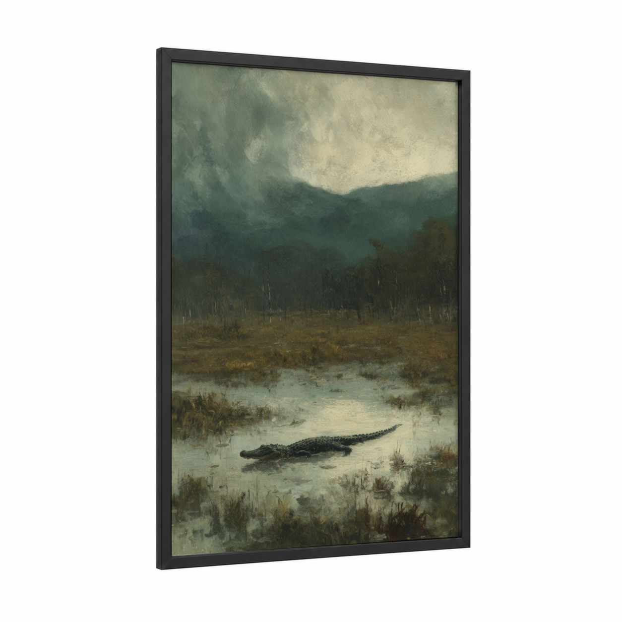 Swamp Alligator framed art print — black wood frame — gray and olive palette