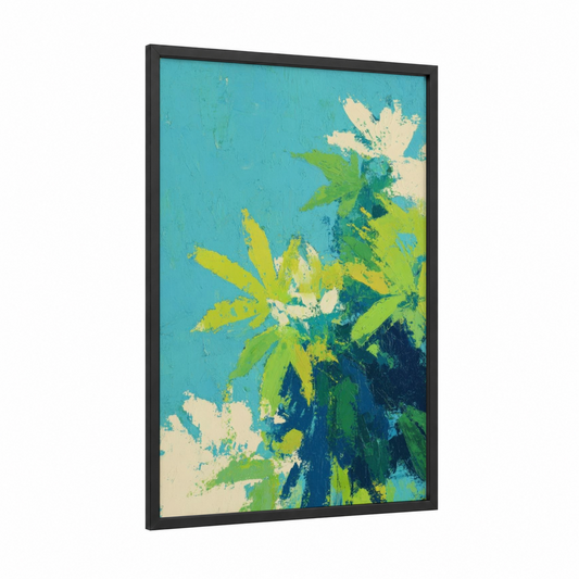 Cannabis Leaf Abstract framed marijuana print — black wood frame — light green and blue palette