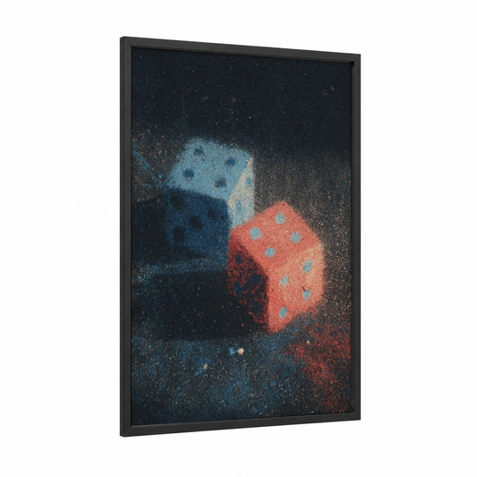 Cosmic Dice framed art print — black wood frame — dark blue and red palette