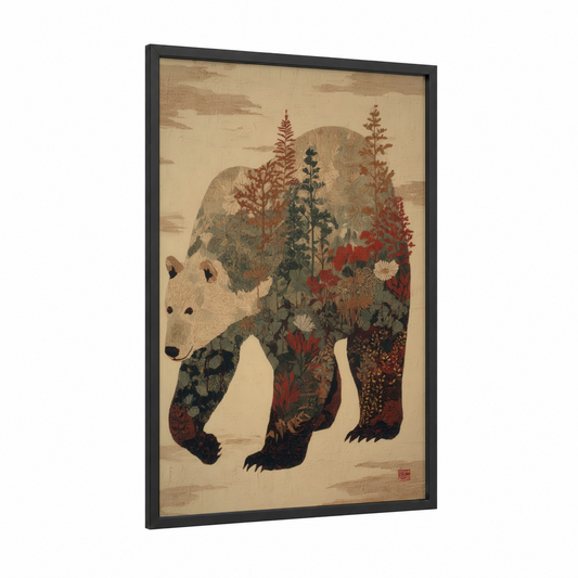 Botanical Polar Bear framed art print — black wood frame — beige and russet palette