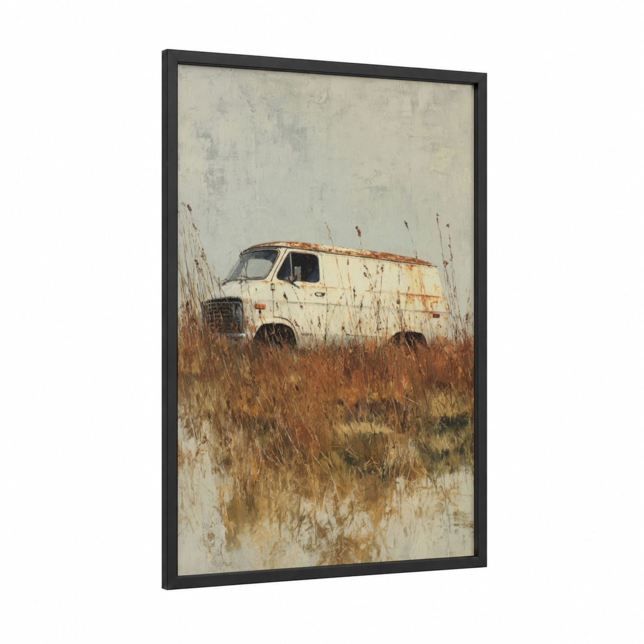 Abandoned Field Van framed art print — black wood frame — beige and russet palette