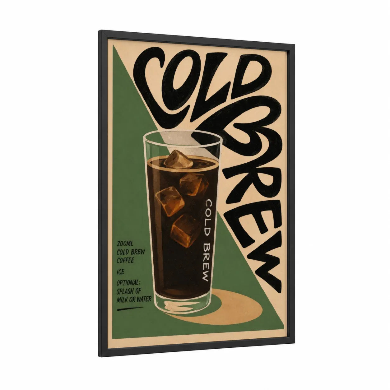 Cold Brew Coffee Vintage Wall Art framed art print — black wood frame — beige and true green palette