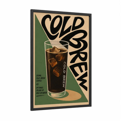 Cold Brew Coffee Vintage Wall Art framed art print — black wood frame — beige and true green palette