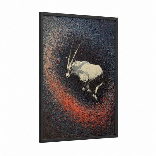 Desert Antelope framed art print — black wood frame — russet and dark blue palette