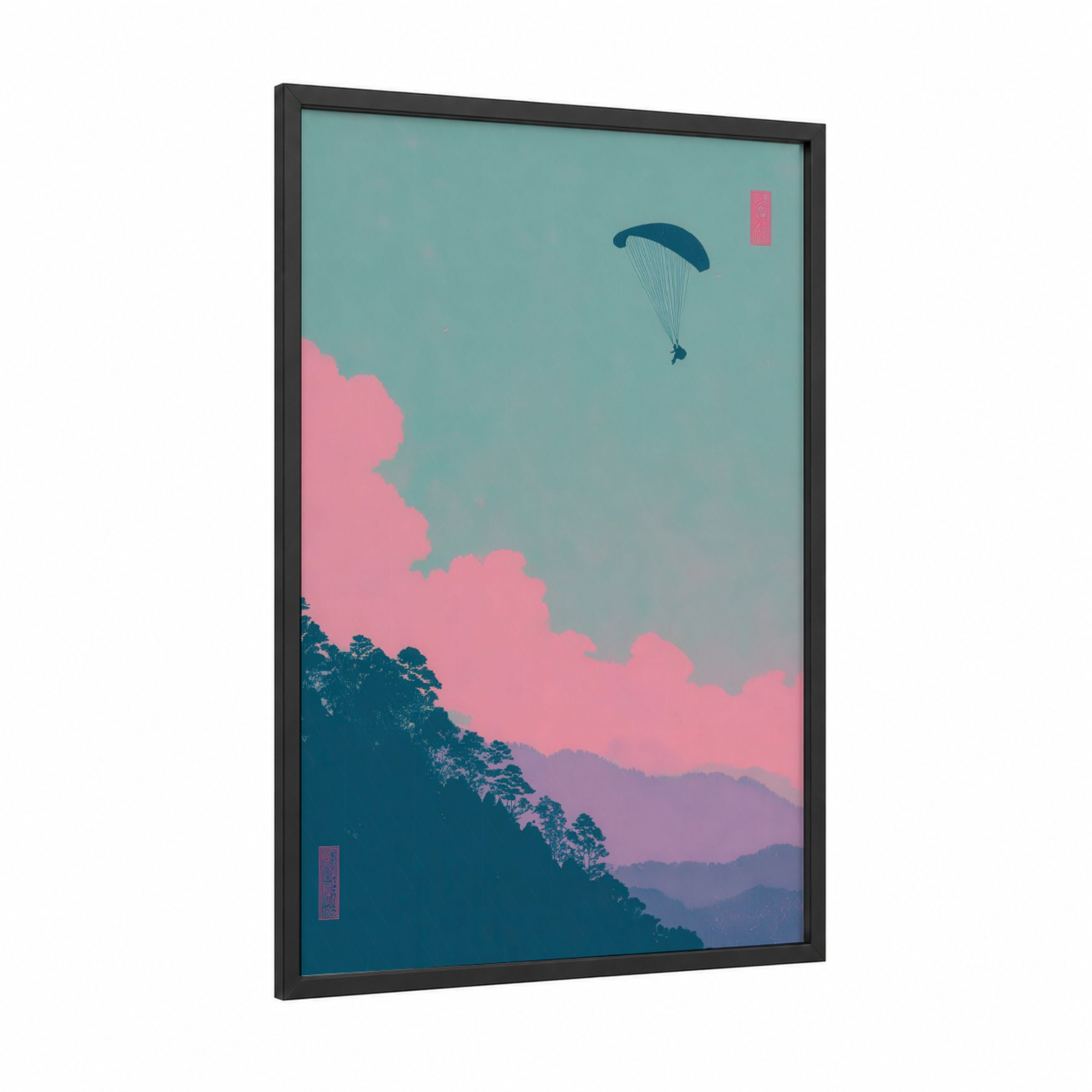 Paragliding Dreamer framed art print — black wood frame — teal and salmon pink palette