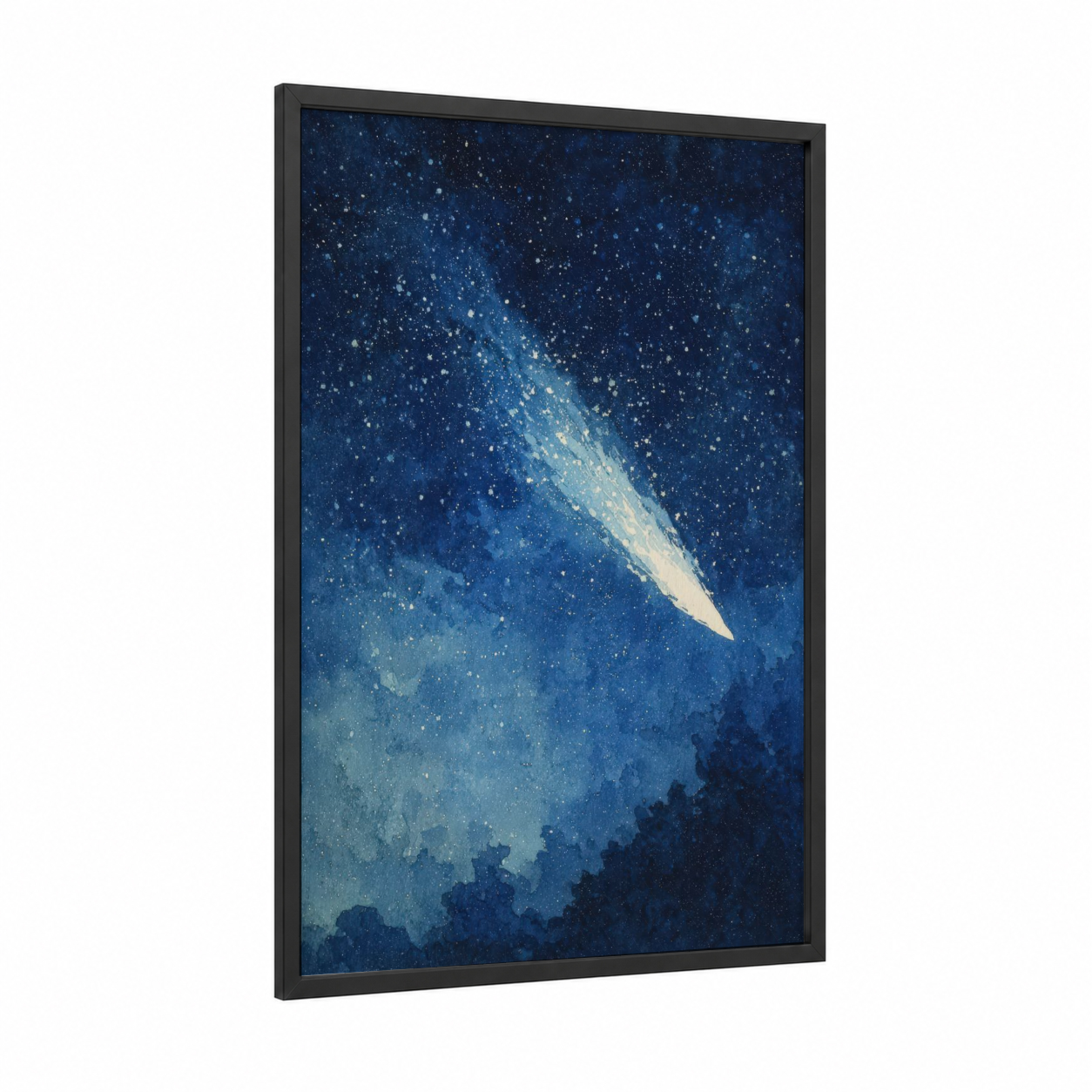 Celestial Comet framed astroids and comets print — black wood frame — blue and white palette