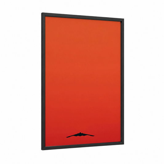 Stealth Silhouette framed military plane print — black wood frame — red and black palette
