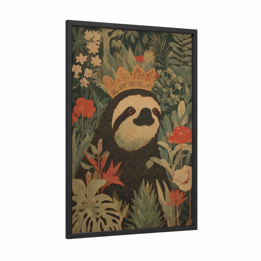 Royal Sloth framed art print — black wood frame — dark green and russet palette