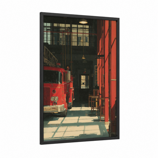 Crimson Fire Station framed art print — black wood frame — red and black and gold palette