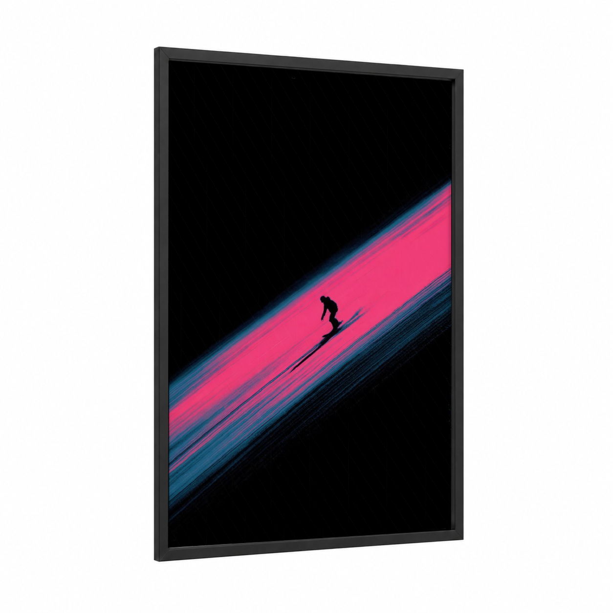 Neon Descent framed snowboarding print — black wood frame — magenta and dark blue palette
