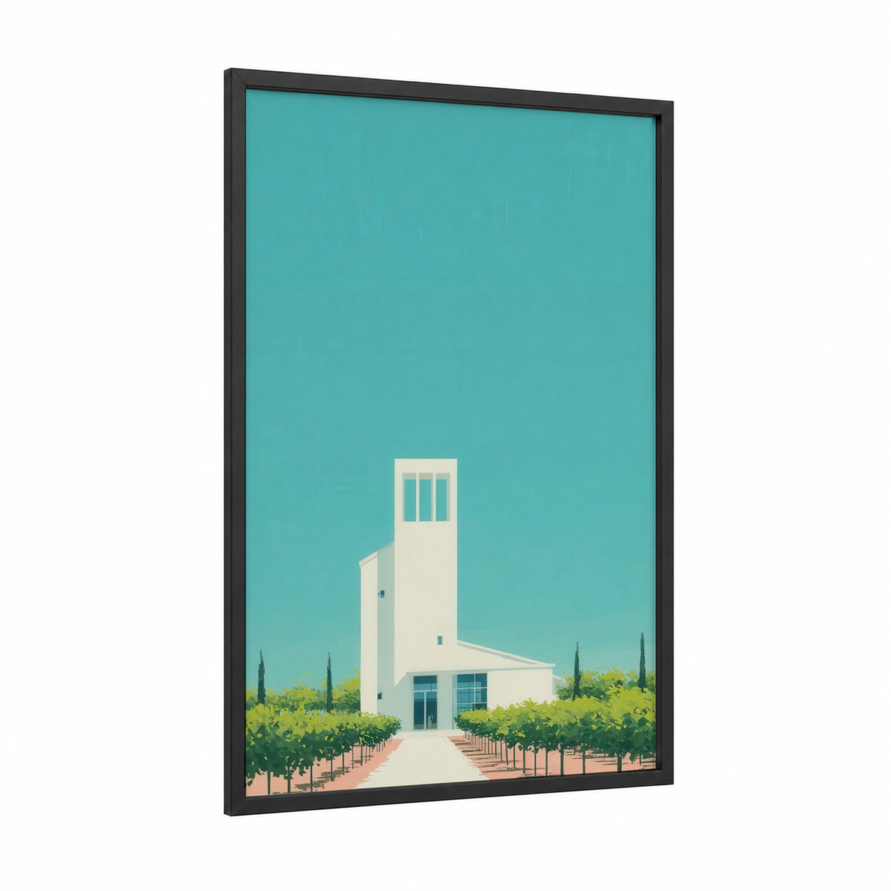 Modernist Tower Vineyard framed towers print — black wood frame — turquoise and light green palette