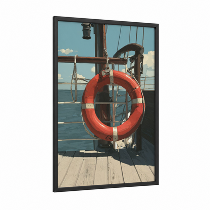 Vintage Life Ring framed art print — black wood frame — red and blue and white palette