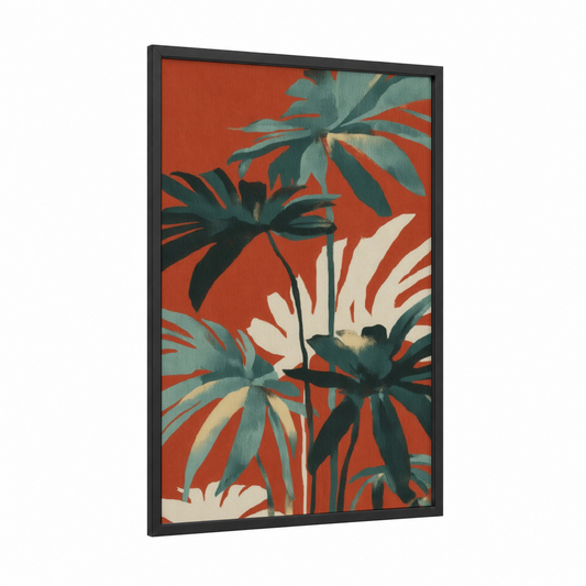 Tropical Leaf Silhouettes framed art print — black wood frame — teal palette