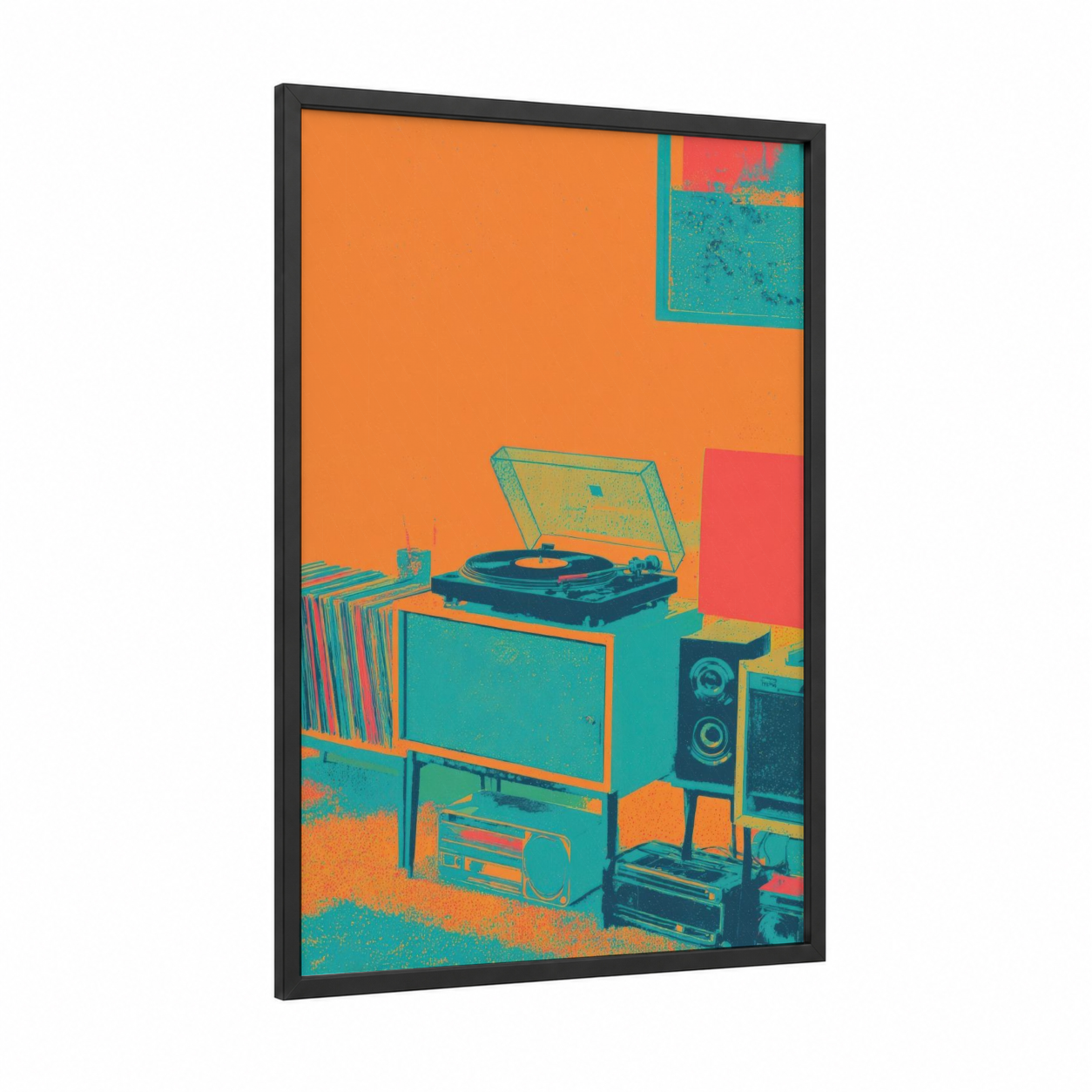Retro Vinyl Setup framed vinyl records print — black wood frame — orange and teal palette