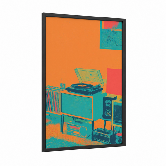 Retro Vinyl Setup framed vinyl records print — black wood frame — orange and teal palette
