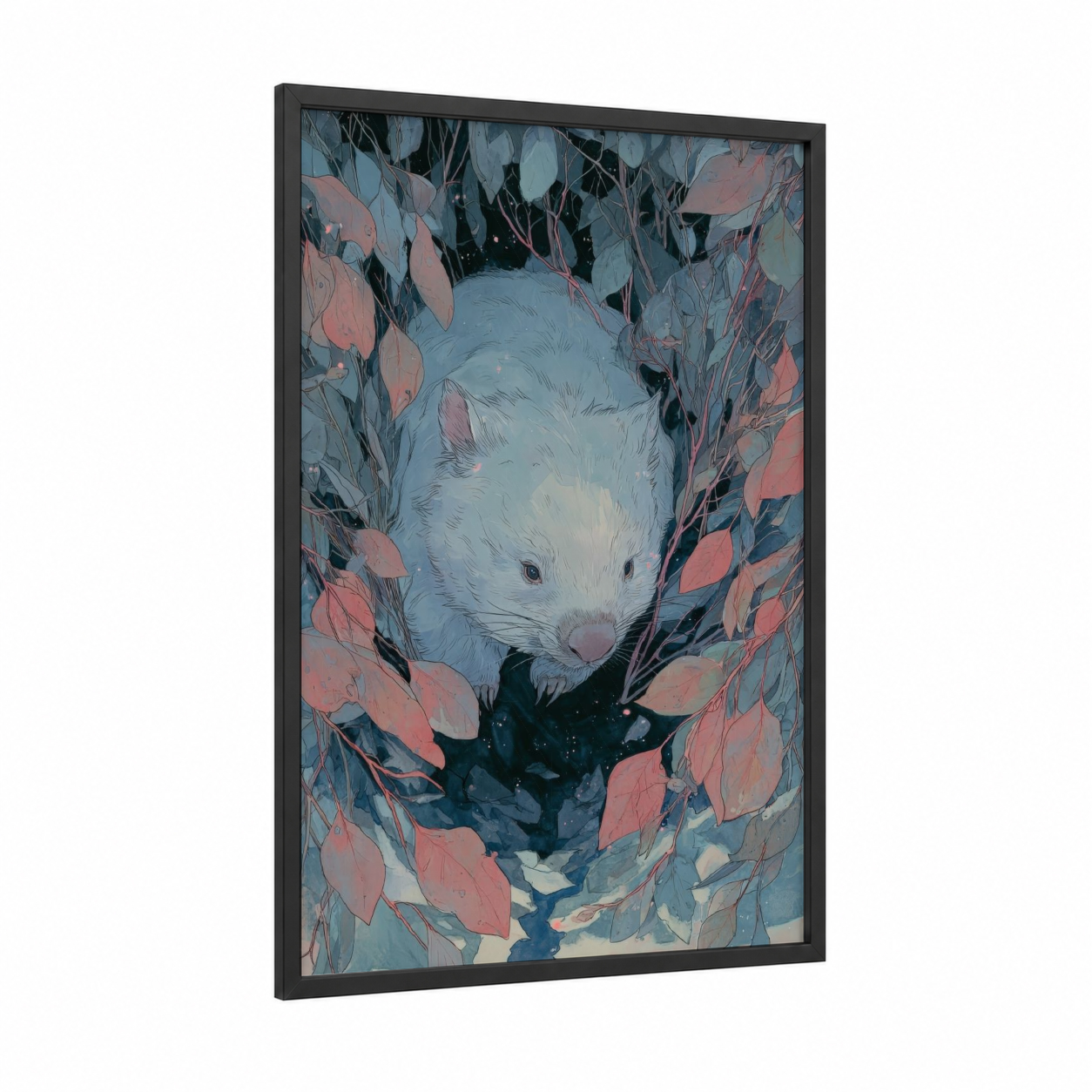 Autumn Wombat framed art print — black wood frame — blue and salmon pink palette