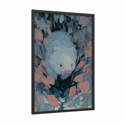Autumn Wombat framed art print — black wood frame — blue and salmon pink palette