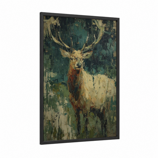 Majestic Elk Portrait framed art print — black wood frame — dark green and cream palette