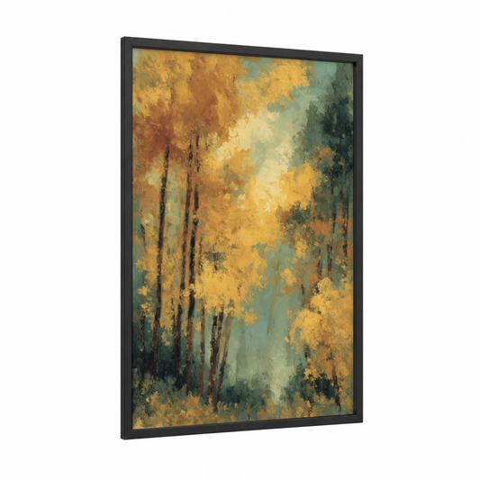 Golden Maple Forest framed art print — black wood frame — gold and teal palette