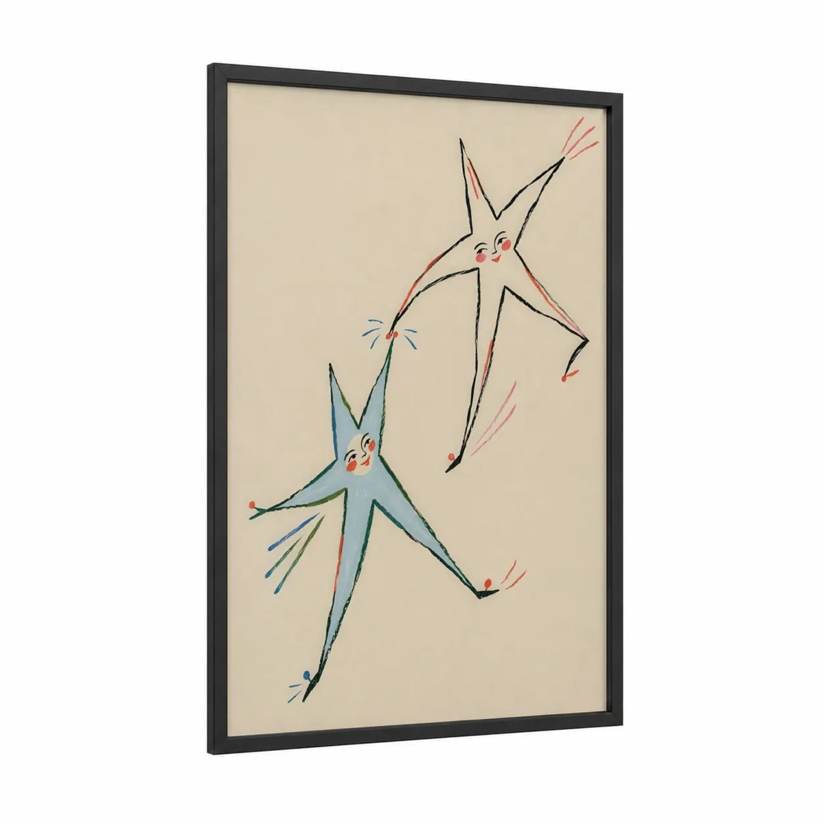 Dancing Stars Minimalist Wall Art framed art print — black wood frame — beige and blue palette