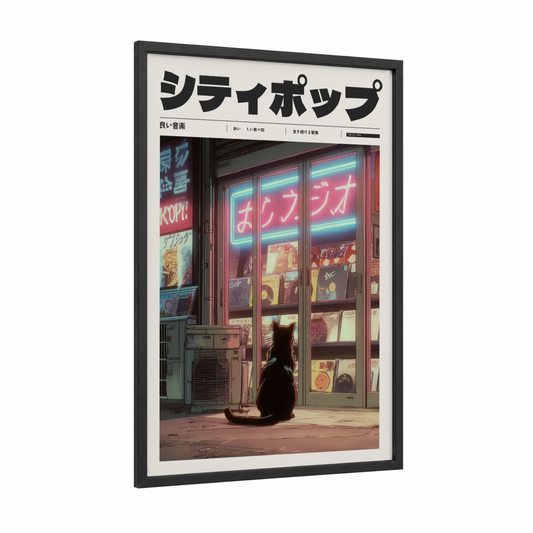 Neon Alley Cat framed anime and manga print — black wood frame — magenta and teal palette