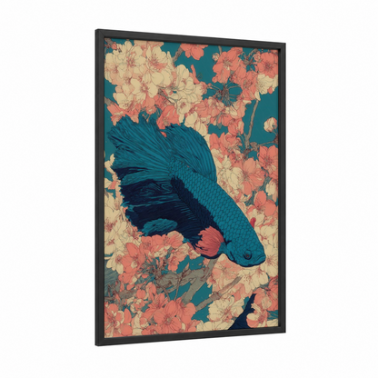 Coral Betta Fish framed art print — black wood frame — teal and salmon pink palette