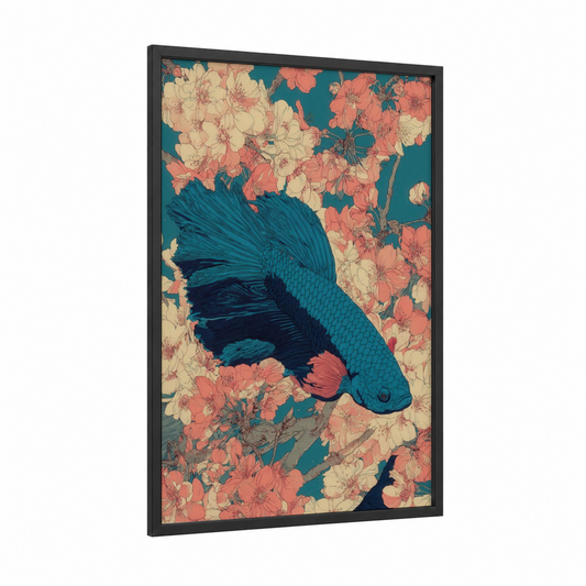 Coral Betta Fish framed art print — black wood frame — teal and salmon pink palette