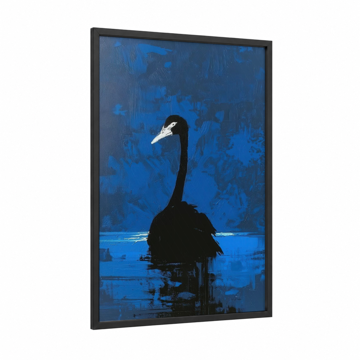 Midnight Swan framed art print — black wood frame — blue and black and white palette