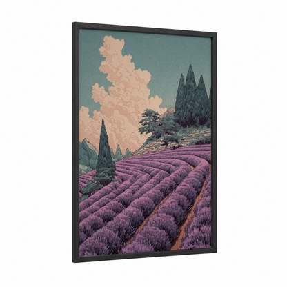 Tuscan Lavender Fields framed art print — black wood frame — magenta and sage green palette