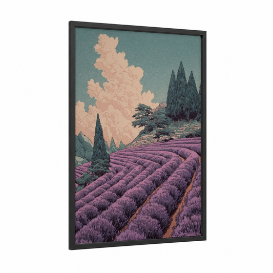 Tuscan Lavender Fields framed art print — black wood frame — magenta and sage green palette