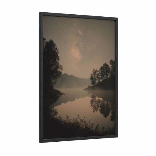 Misty Lake Reflection framed lakes print — black wood frame — gray and black palette