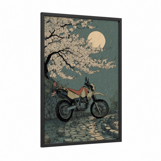 Rainy Cherry Motorcycle framed vintage motorcycle print — black wood frame — teal and cream palette
