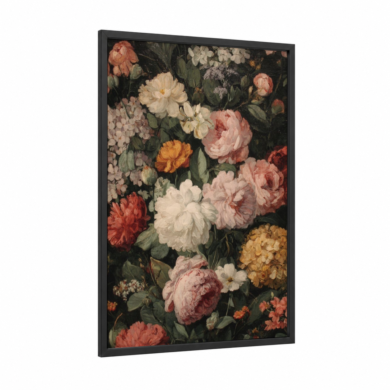 Vintage Bloom Field framed flower field print — black wood frame — cream and peach palette