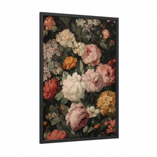 Vintage Bloom Field framed flower field print — black wood frame — cream and peach palette