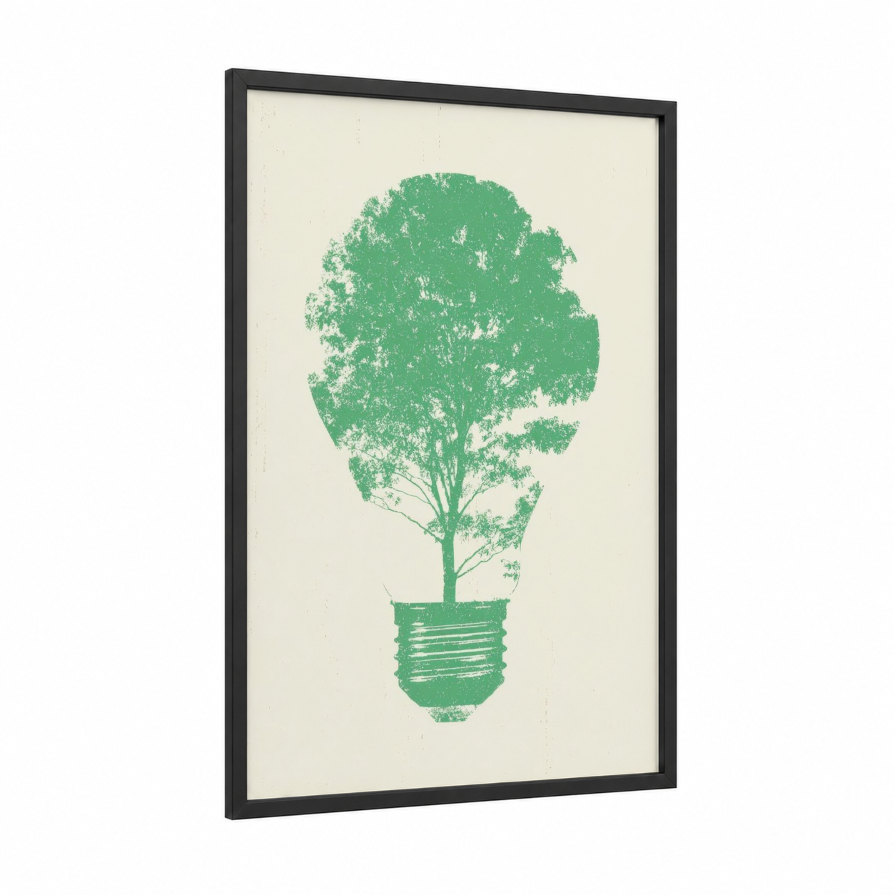 Green Bulb Tree framed earth day print — black wood frame — true green and cream palette