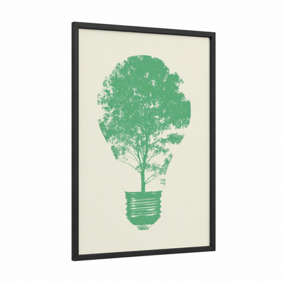 Green Bulb Tree framed earth day print — black wood frame — true green and cream palette