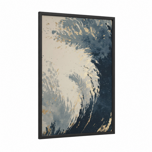 Cosmic Nebula framed art print — black wood frame — blue and gold palette